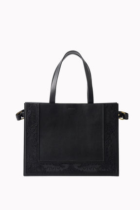 Framed embroidered leather tote bag (Black)