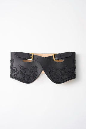 Framed embroidered leather belt (Black)