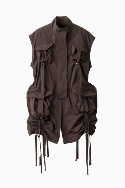 Sleeveless gathered military jacket (Brown)