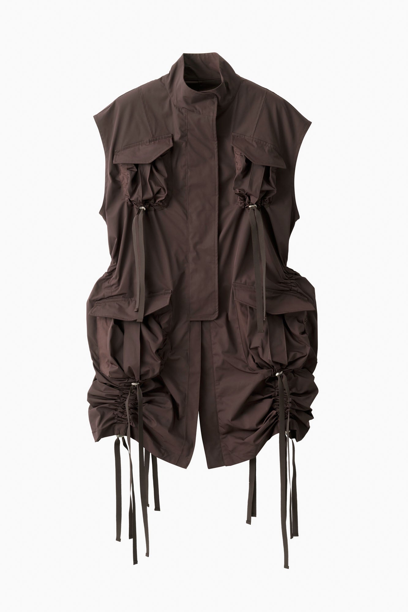 Sleeveless gathered military jacket (Brown)