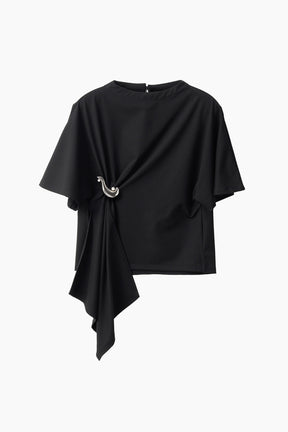 Brooch gather asymmetric tops (Black)