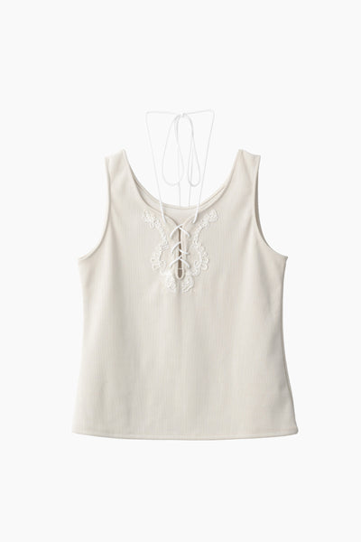 Lace up embroidered tank (Ivory)