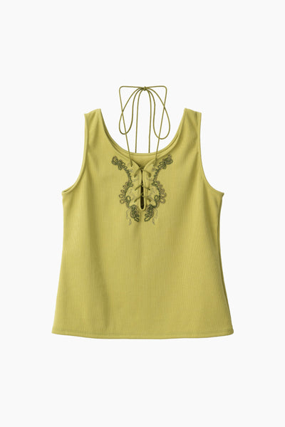 Lace up embroidered tank (Yellow green)