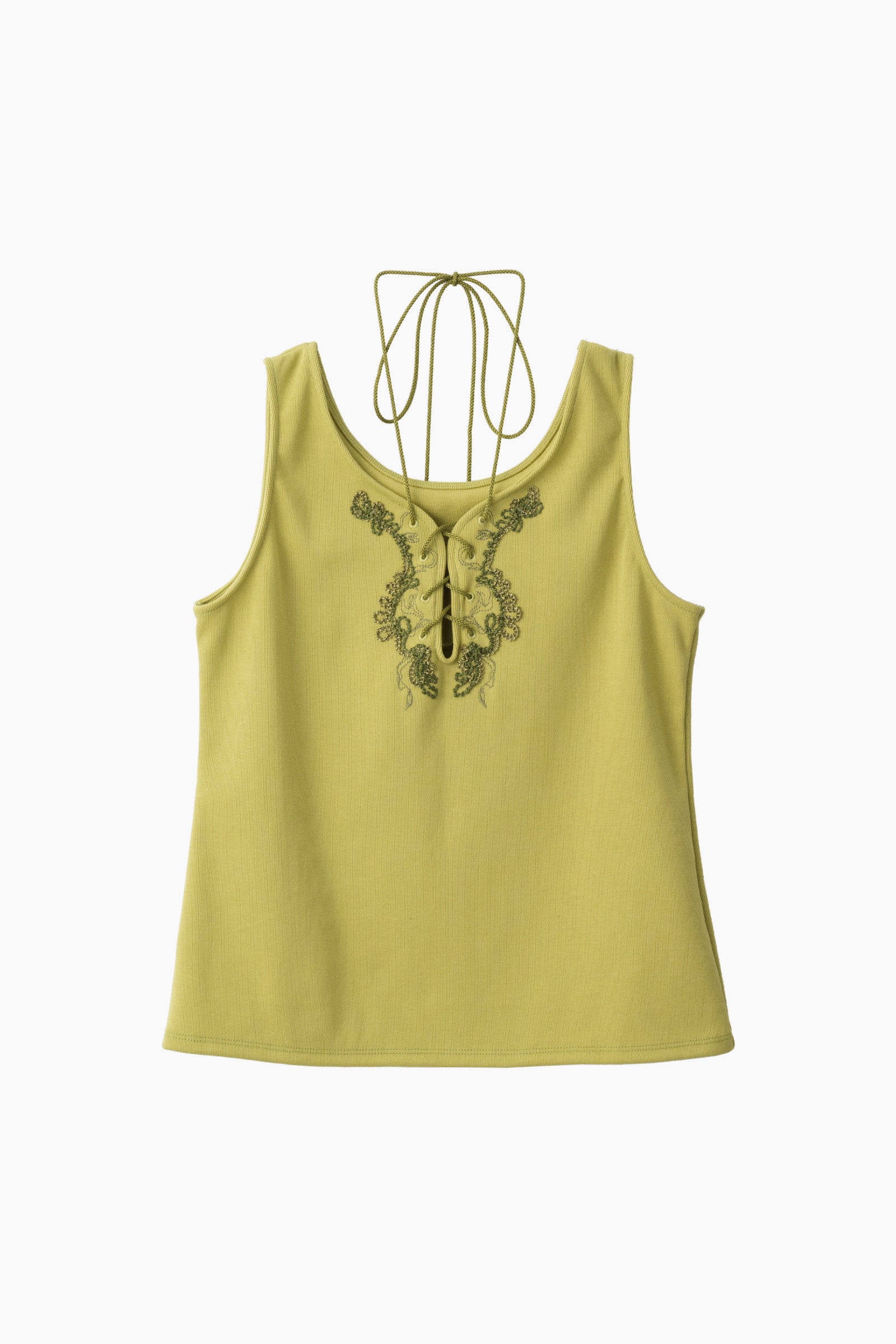 Lace up embroidered tank (Yellow green)