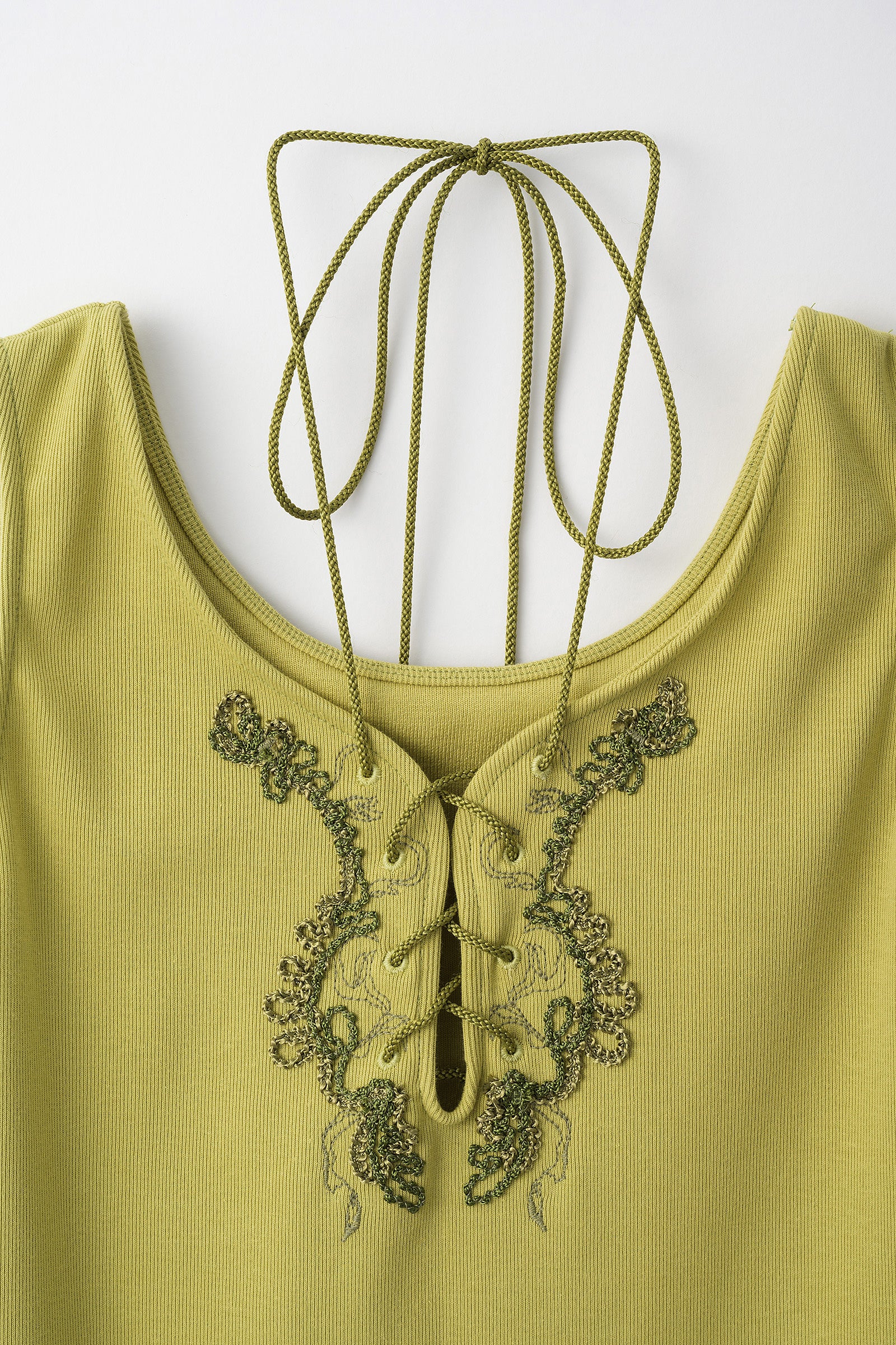 Lace up embroidered tank (Yellow green)