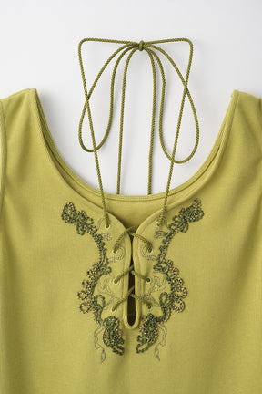 Lace up embroidered tank (Yellow green)