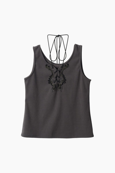 Lace up embroidered tank (Gray)