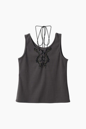 Lace up embroidered tank (Gray)