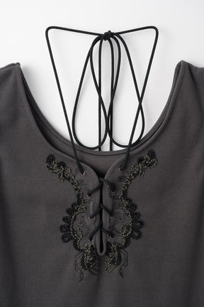 Lace up embroidered tank (Gray)