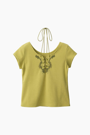 Lace up embroidered tops (Yellow green)