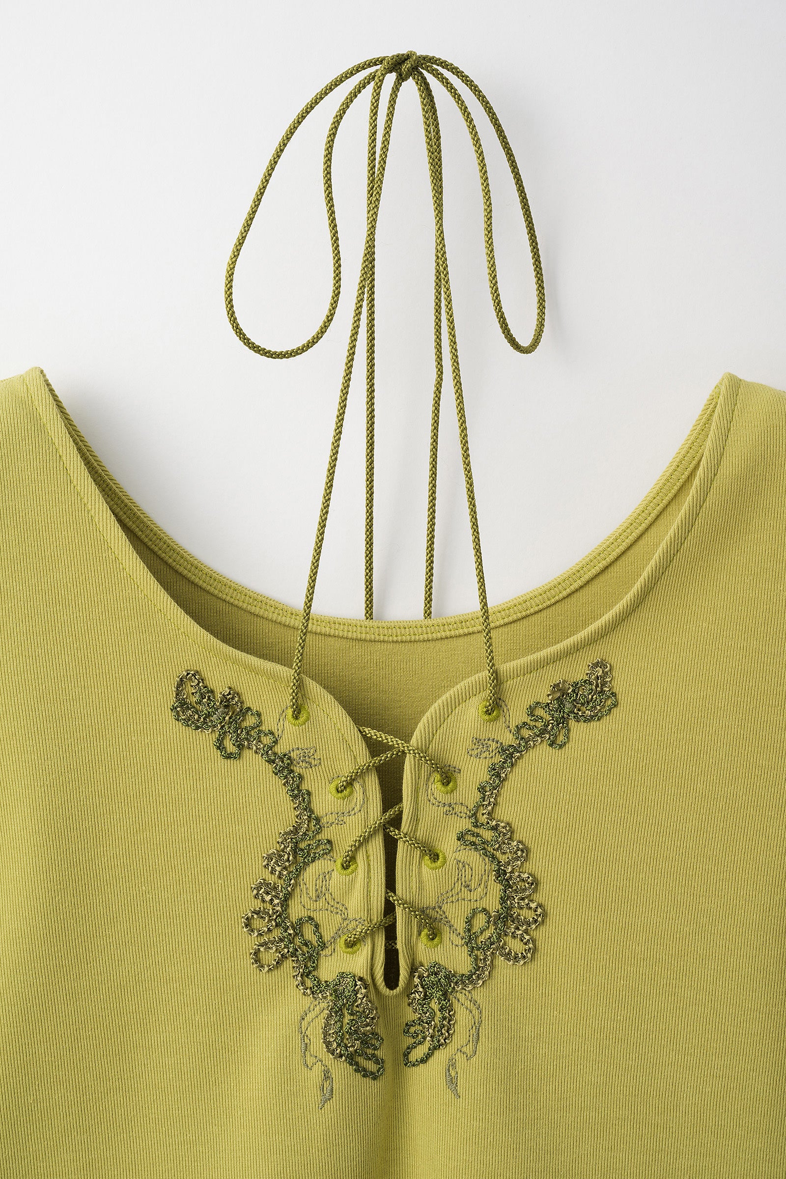 Lace up embroidered tops (Yellow green)