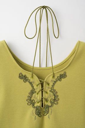 Lace up embroidered tops (Yellow green)