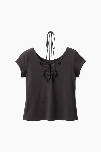 Lace up embroidered tops (Gray)