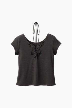 Lace up embroidered tops (Gray)