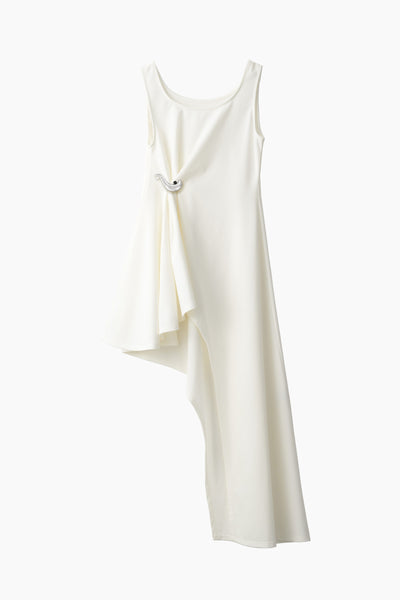 Brooch gather asymmetric dress (White)