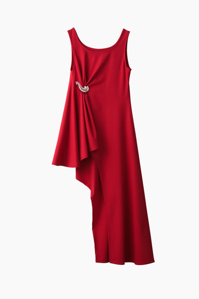 Brooch gather asymmetric dress (Red)