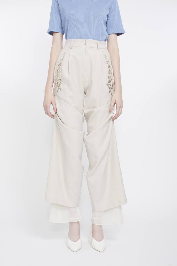 Veil embroidered layered slacks (Ecru)