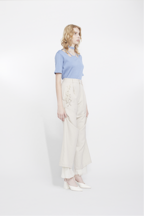 Veil embroidered layered slacks (Ecru)