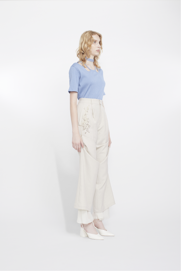 Veil embroidered layered slacks (Ecru)