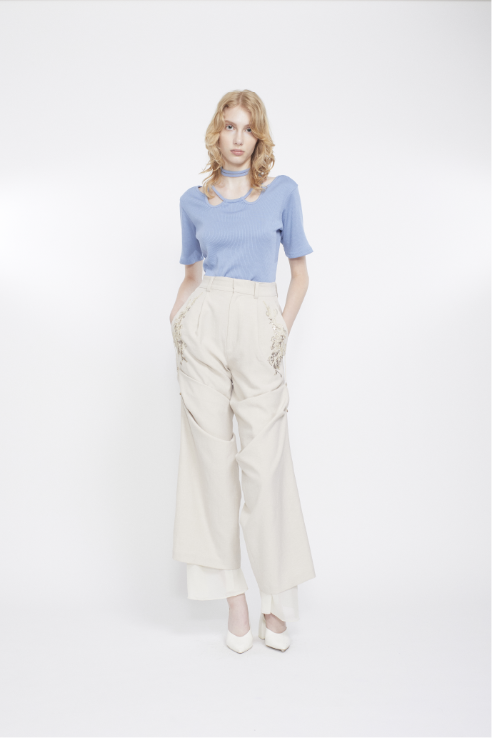 Veil embroidered layered slacks (Ecru)