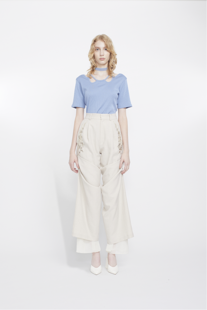 Veil embroidered layered slacks (Ecru)