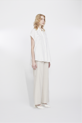 Veil embroidered layered slacks (Ecru)