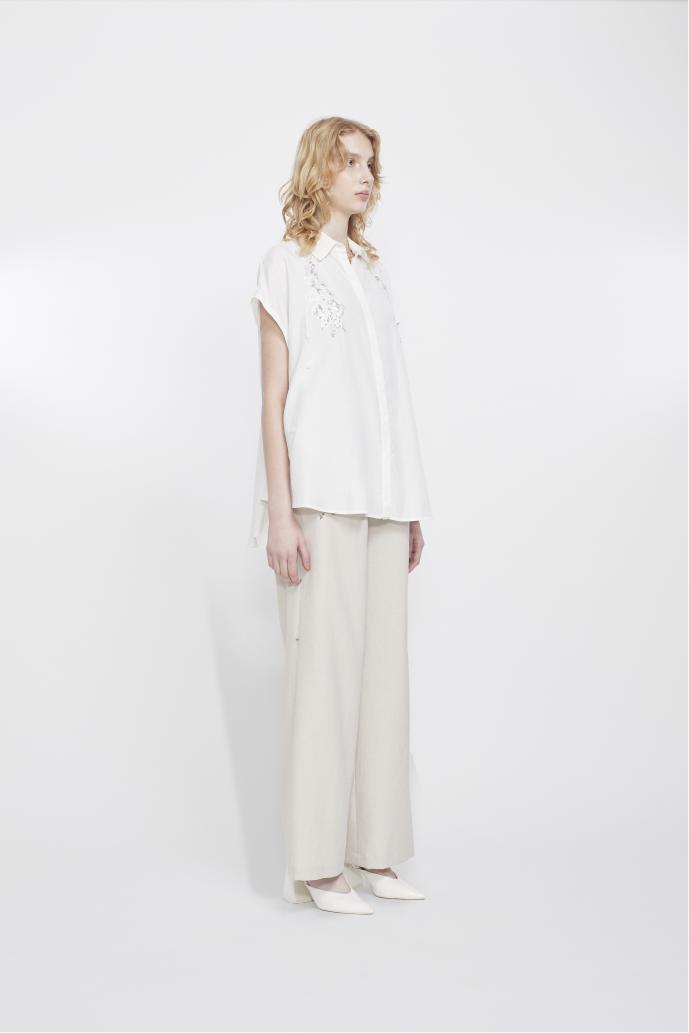 Veil embroidered layered slacks (Ecru)