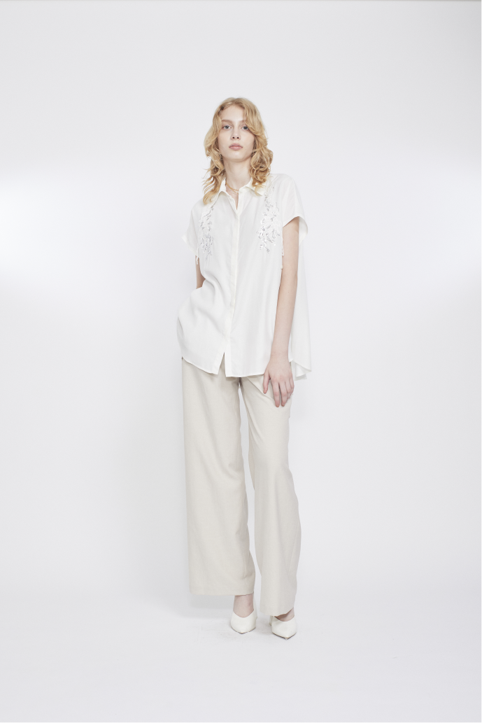 Veil embroidered layered slacks (Ecru)