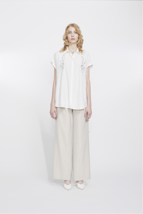 Veil embroidered layered slacks (Ecru)