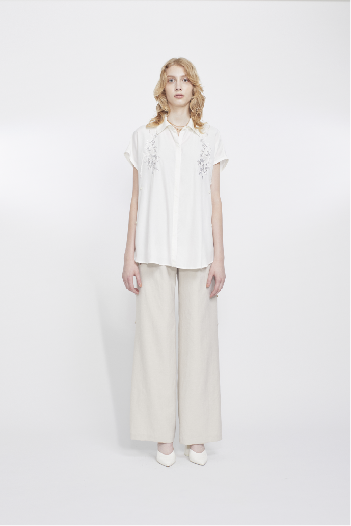 Veil embroidered layered slacks (Ecru)