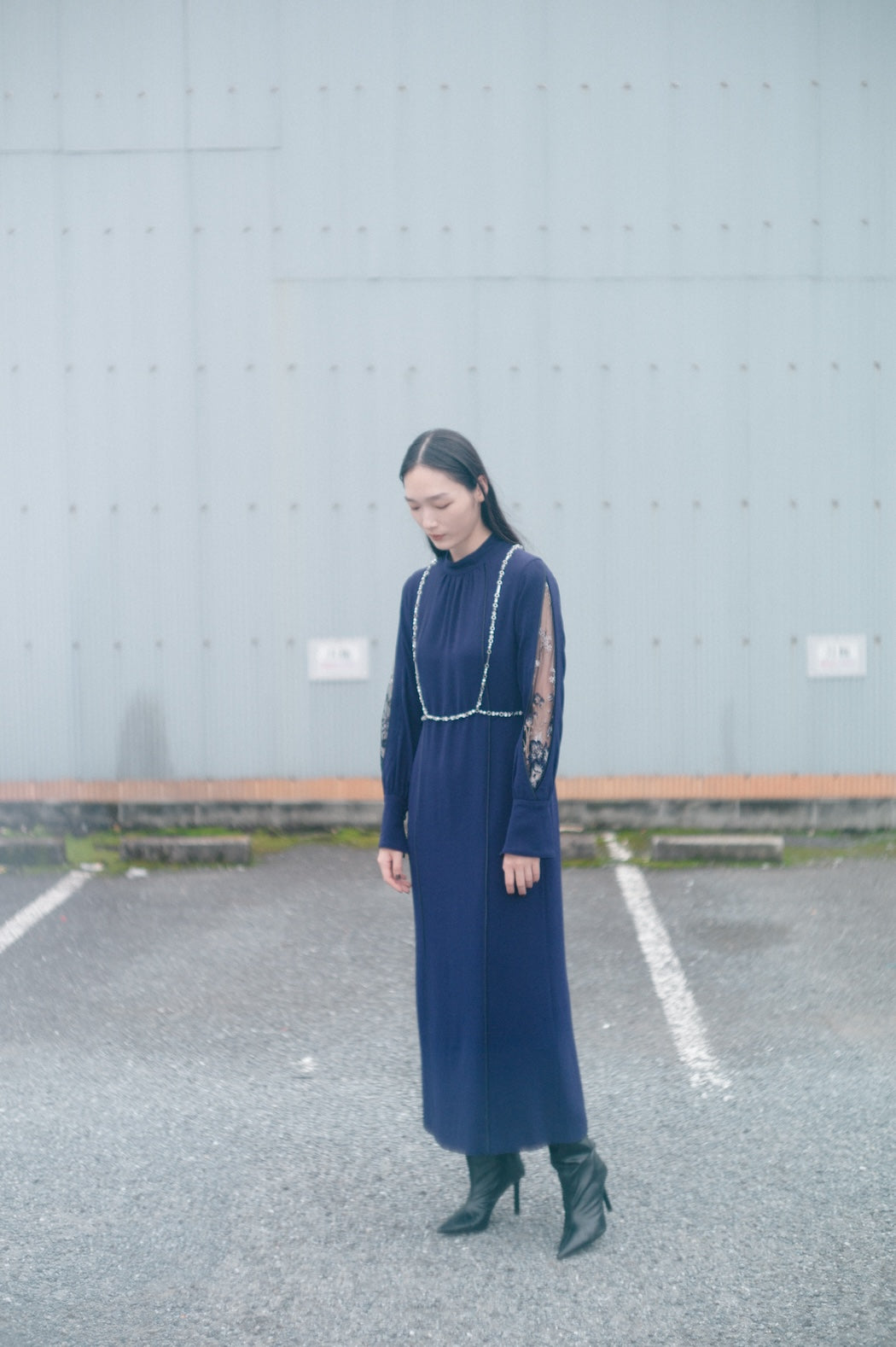 Petal sleeve lace dress (Navy)