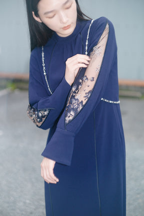 Petal sleeve lace dress (Navy)