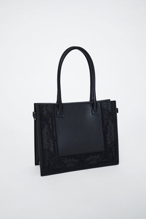 Framed embroidered leather small bag (Black)