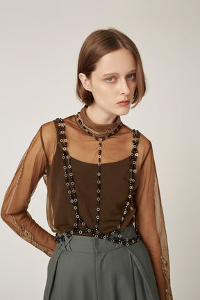 Scenery embroidery sheer top (Khaki)