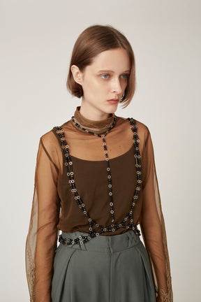 Scenery embroidery sheer top (Khaki)