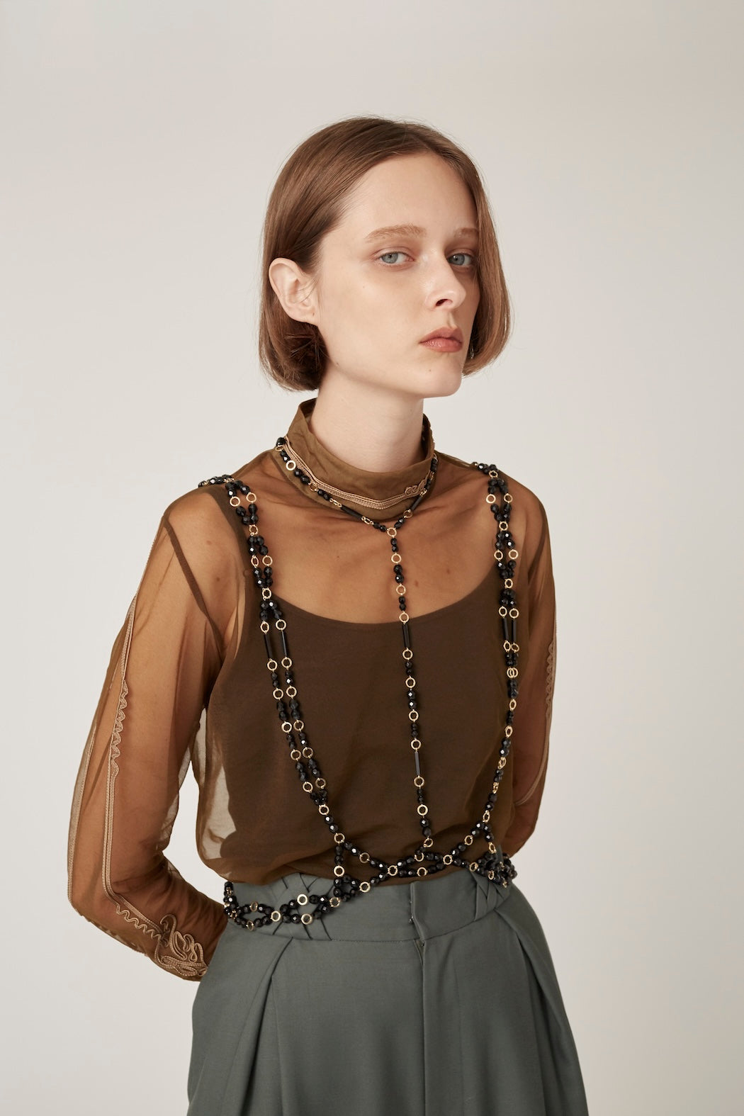 Scenery embroidery sheer top (Khaki)