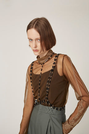 Scenery embroidery sheer top (Khaki)