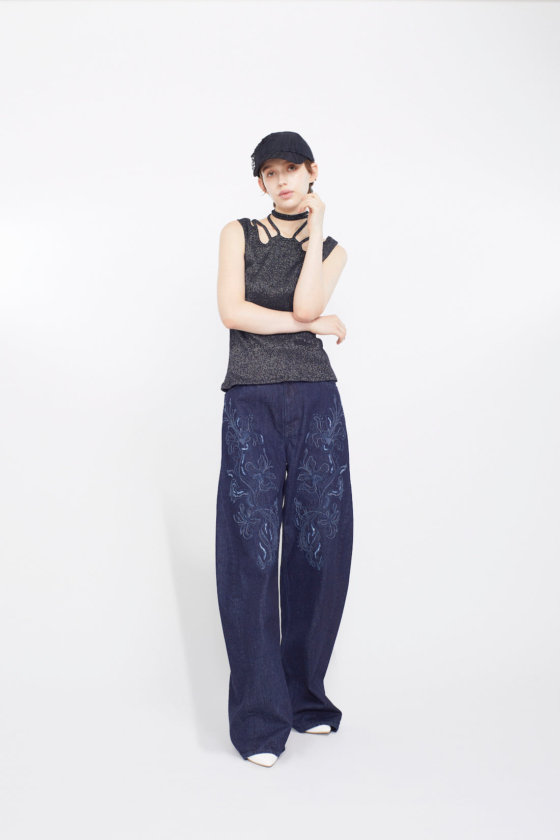 Nerine embroidered denim slacks (Indigo)