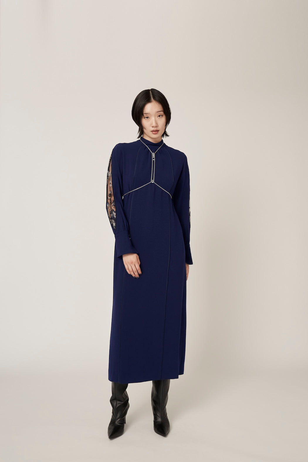 Petal sleeve lace dress (Navy)