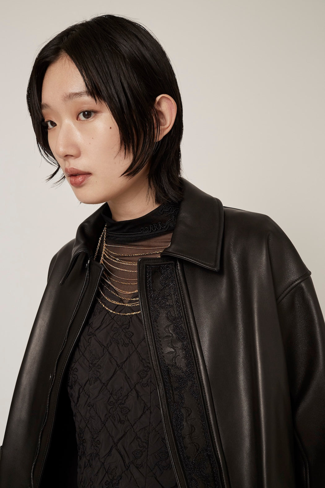 Framed embroidery leather jacket (Black)