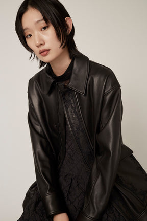 Framed embroidery leather jacket (Black)