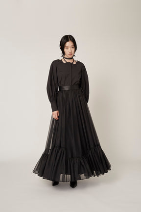 Spacious sheer wrap skirt (Black)