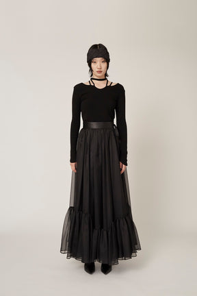 Spacious sheer wrap skirt (Black)