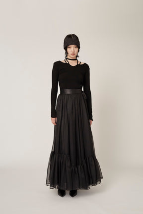 Spacious sheer wrap skirt (Black)