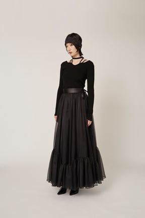 Spacious sheer wrap skirt (Black)