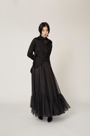 Spacious sheer wrap skirt (Black)