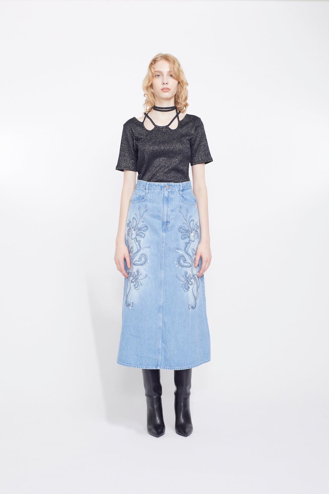 Nerine embroidered denim skirt (Blue)