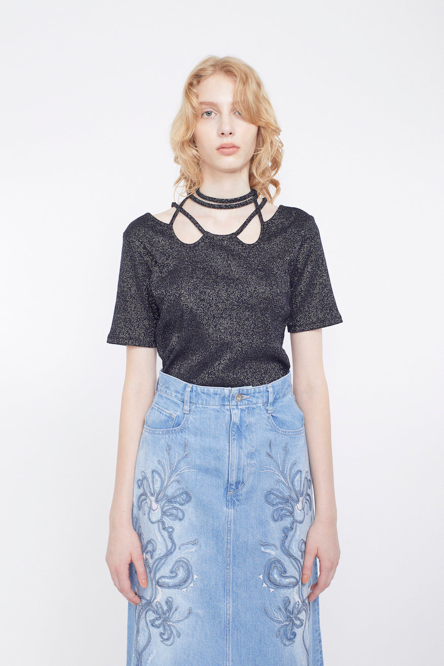 Glitter ivy halfsleeve tops (Black)