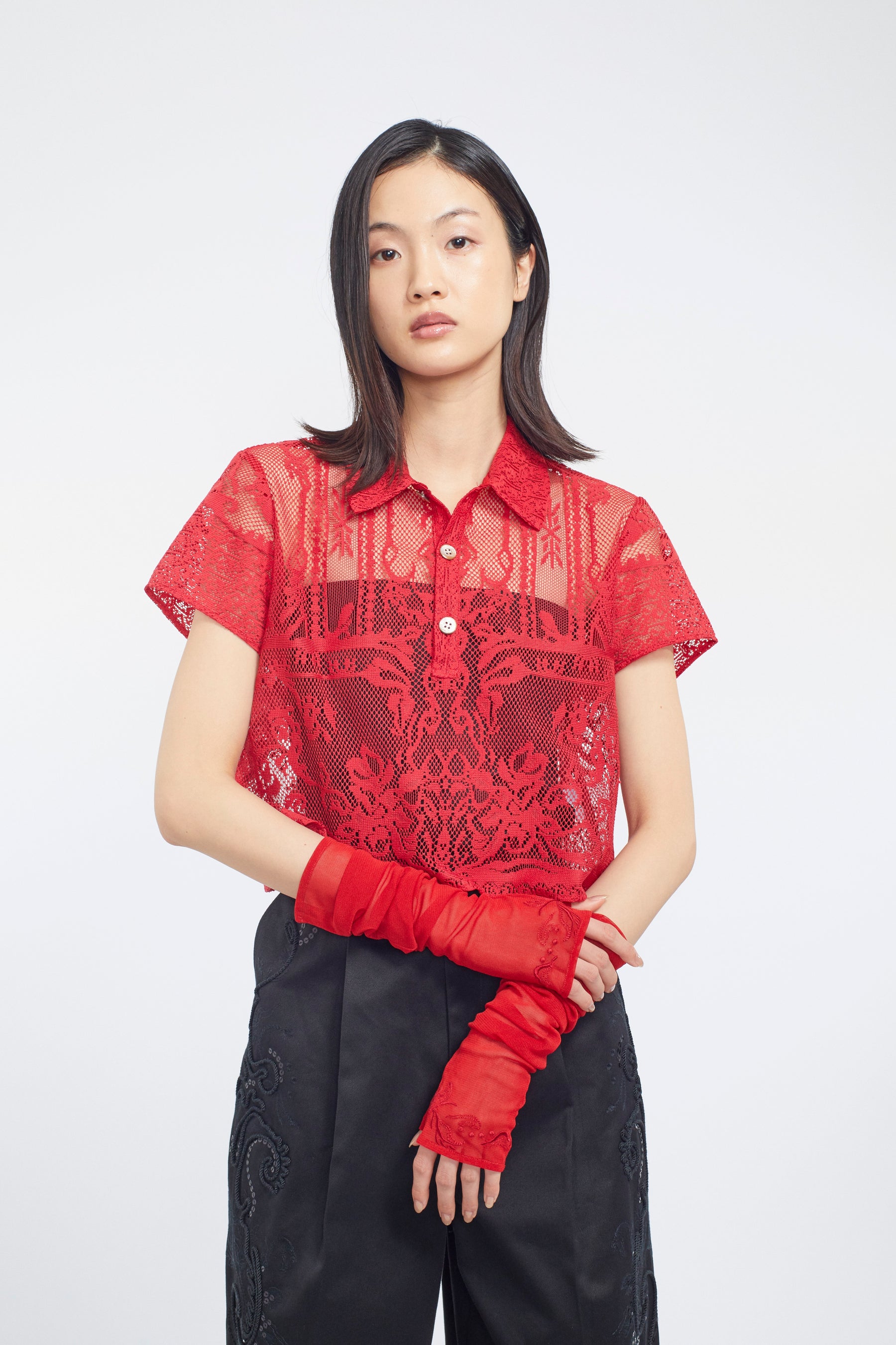 Embroidered mesh gloves (Red)