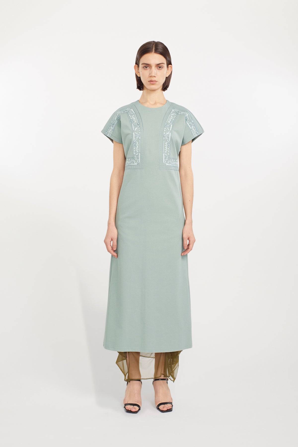 Framed embroidered jersey dress (Ash green)